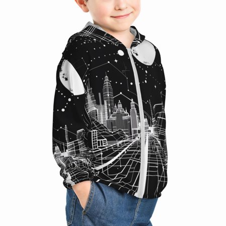 

Uemuo Futuristic Moonlit Cityscape Pattern Rash Guard for Boys Girls Long Sleeve Swim Shirts UPF 50+ UV Sun Protection Hooded Fishing Shirt with Pocket for Kid-18 Months