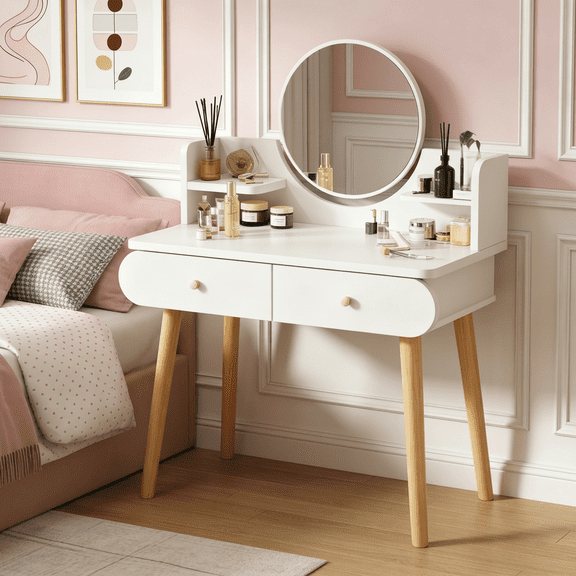 HDUTNGISN White Vanity Set with Mirror, 2 Drawers & 2 Shelves,Adult Makeup Vanity Desk Dressing Table (No Stool)