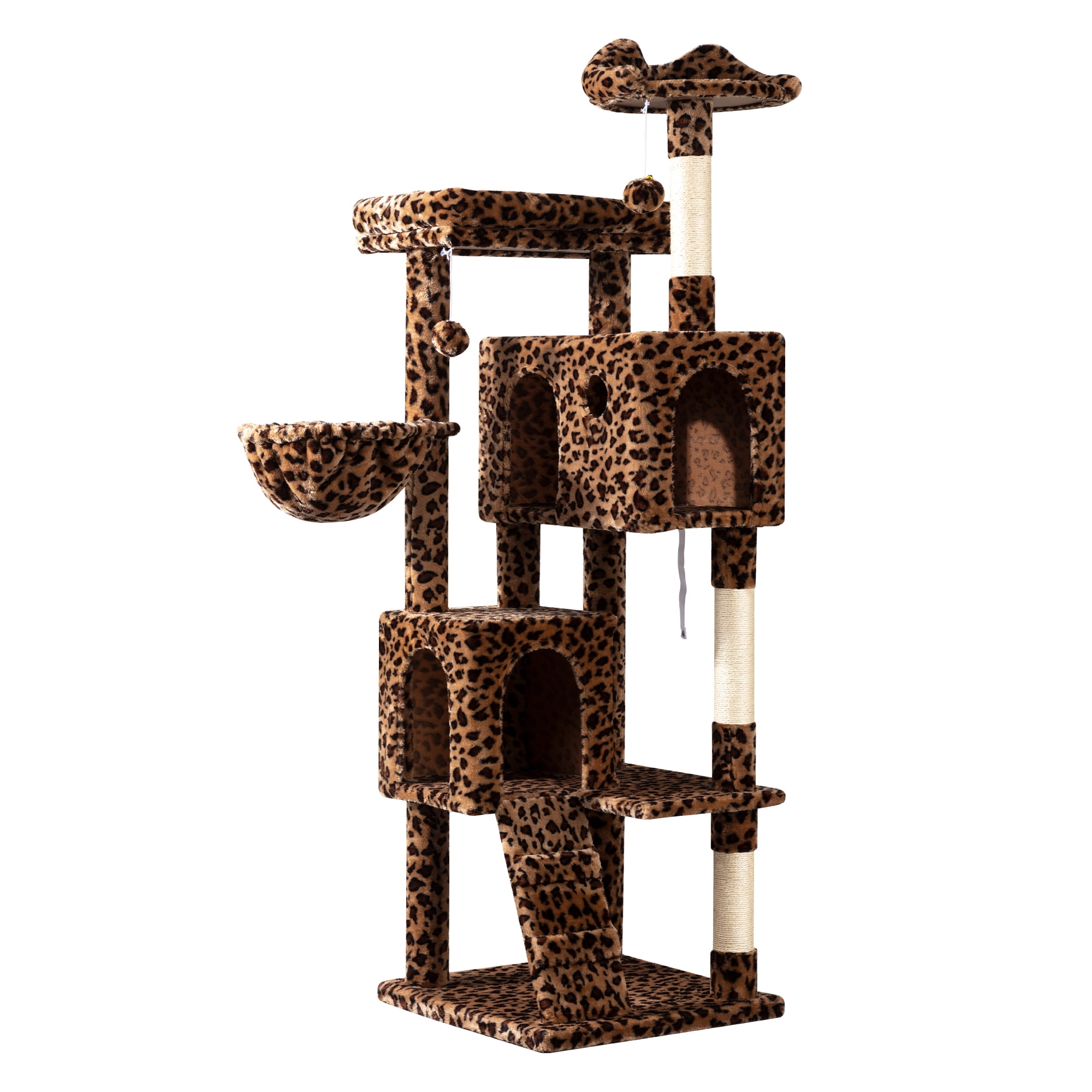 Amolife 64" Large Cat Tree and Tower with Stair, Condo House & Scratching Posts for Indoor Cats, Leopard Print