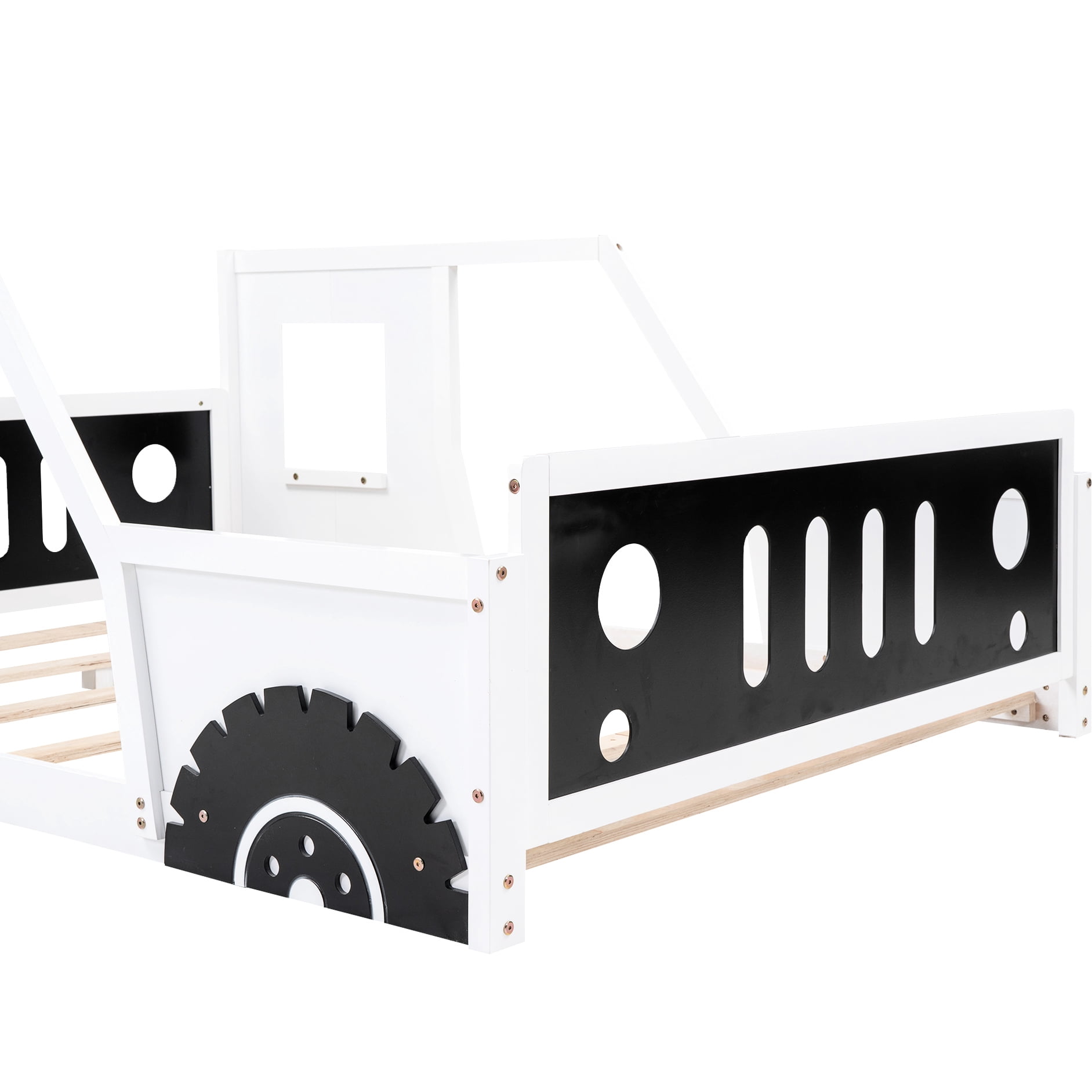 Full Size Car-shaped Platform Bed In White - Constructed With Pine Wood And For Long-term Use Classic Car Wheels, Construction