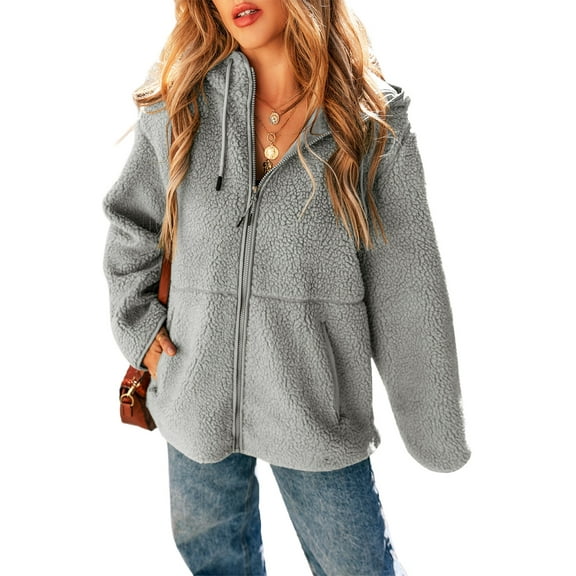 Women's Medium Grey Fleece Zip Up Drawstring Hooded Jacket with Pockets | (US 20-22)2XL