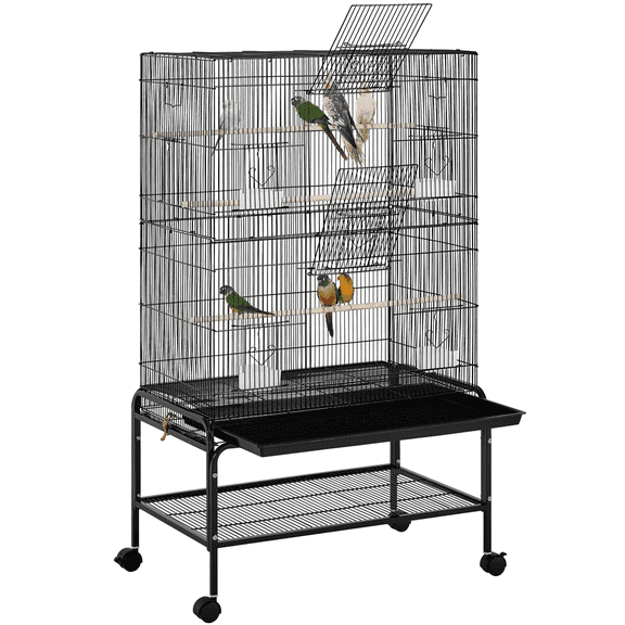 Yaheetech 52.9''H Rolling Metal Birdcage Parrot Cage with Extra Storage Shelf, Black