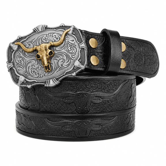 TRISJEM Men’s Western Longhorn Buckle Belt, Embossed Synthetic Leather Cowboy Jeans Belt with Antique Silver and Gold Bull Head Buckle, Vintage Casual Belt, Black/Brown