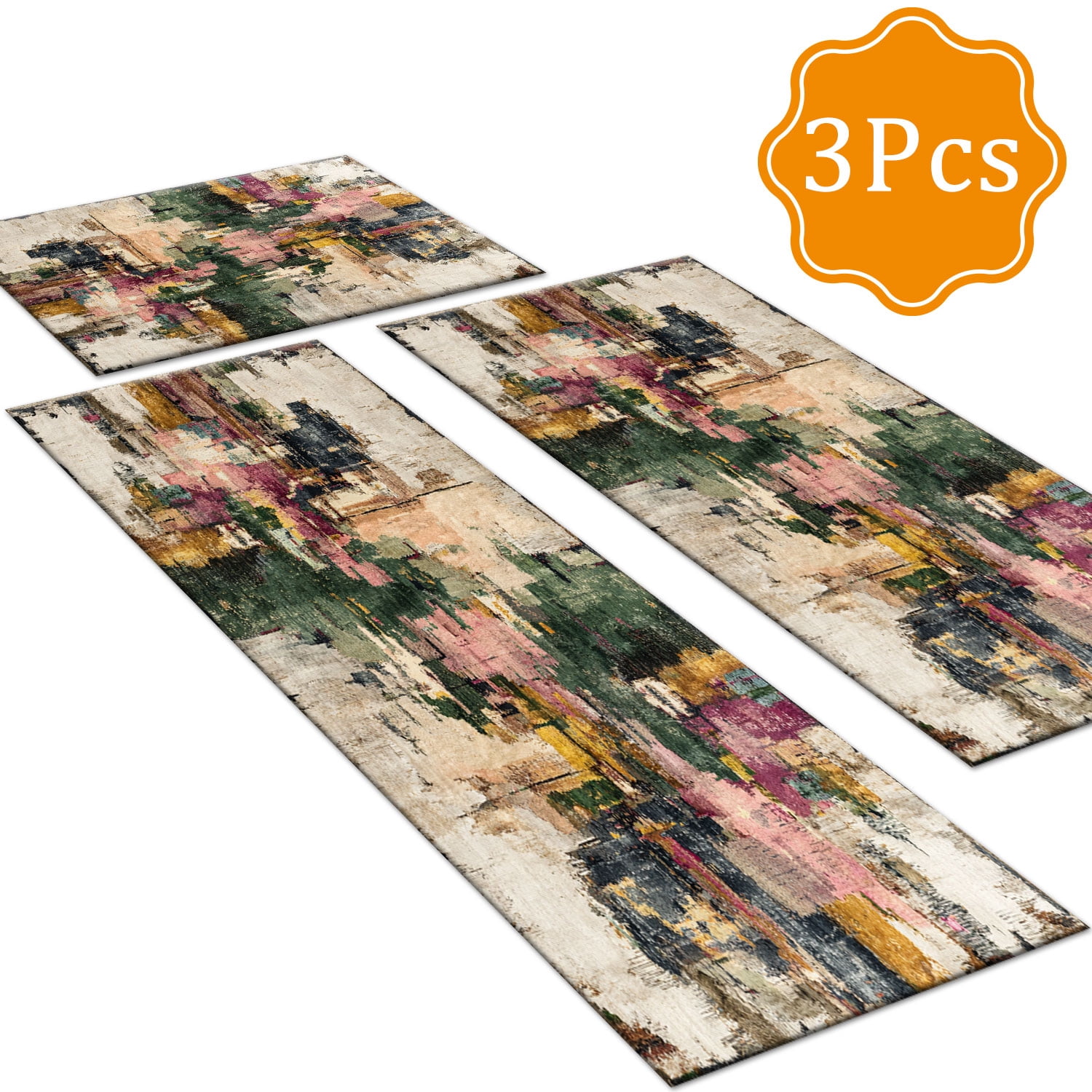 3 Piece Kitchen Rug Set, Non-Slip And Washable, Abstract Pattern Kitchen Hallway Rug, Soft And Comfortable, Suitable For Sinks, Floors, Entrances, Hallways and Bathrooms