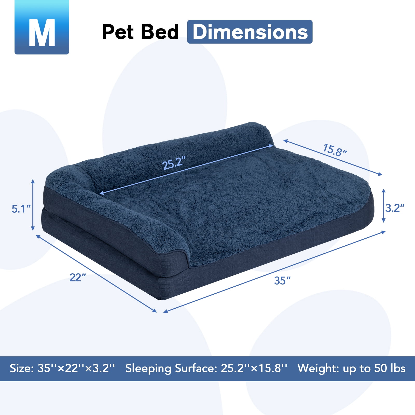 PureWags Orthopedic Dog Beds, L Shaped Waterproof Large Dog Bed with Removable Cover and Nonskid Base, Soft Pet Couch Bed-Navy Blue, M