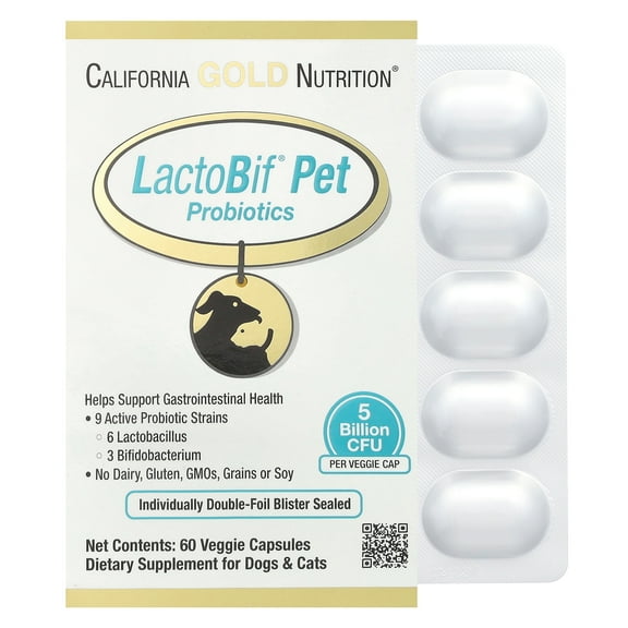 California Gold Nutrition LactoBif® Pet Probiotics, 5 Billion CFU, 60 Veggie Capsules