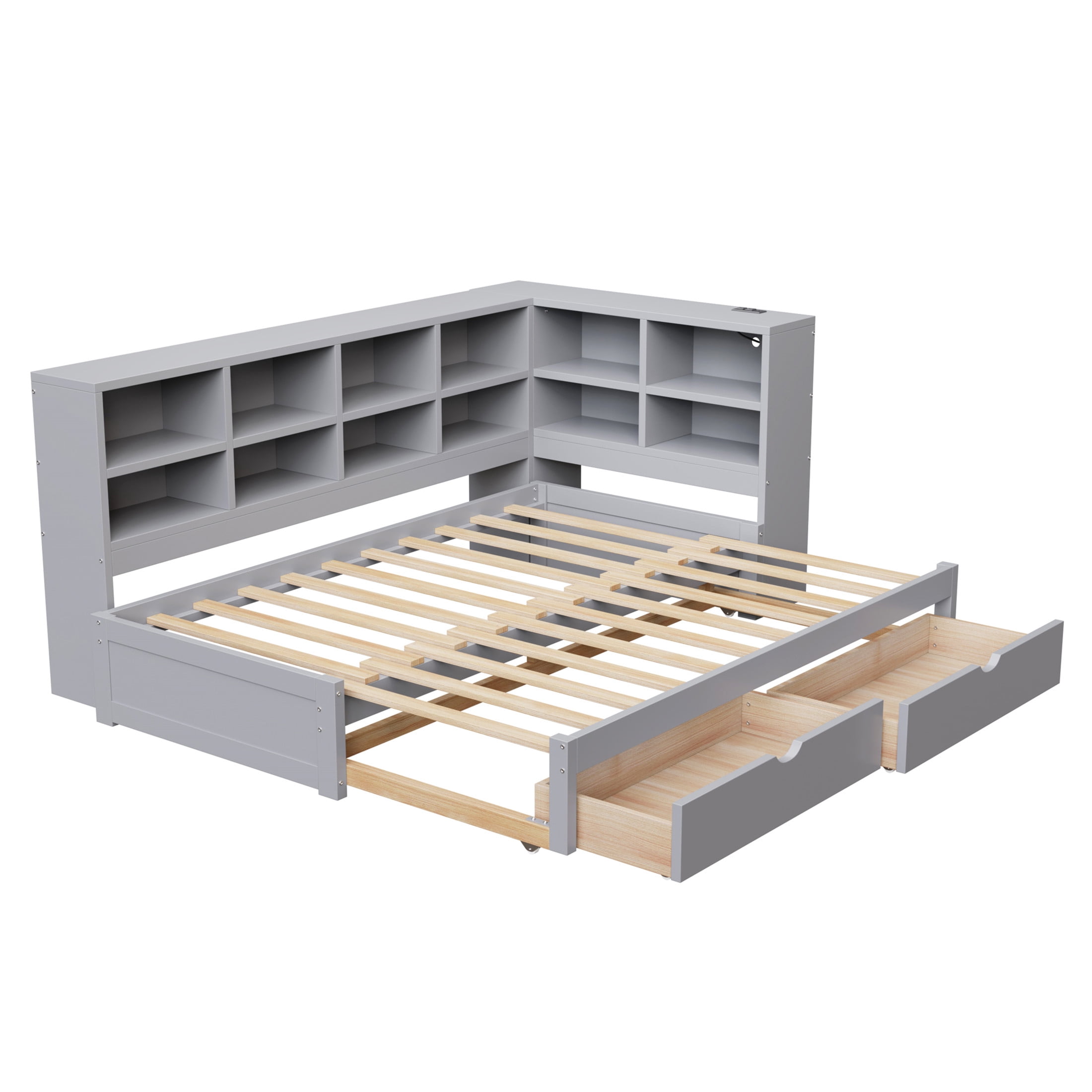 Noble House Corvella Twin XL to King Expandable Daybed with Storage Drawers, Open Shelves, LED and USB, Gray