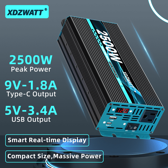 2500 Watts Pure Sine Wave Inverter, 12V DC to 110V AC Power Inverter