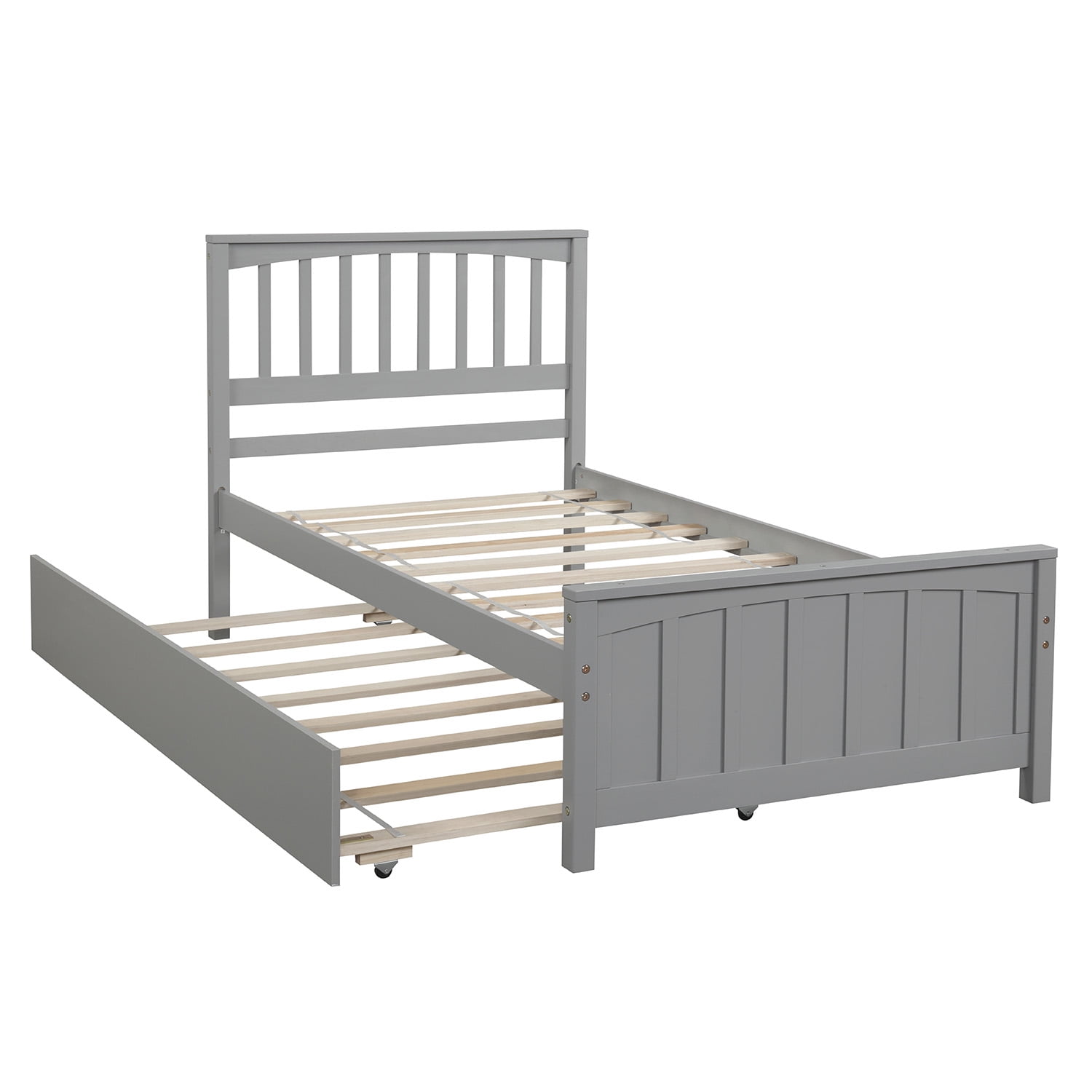 Mintazer Twin Size Platform Bed Frame with Pull Out Trundle Bed, Vertical Slatted Headboard & Panel Footboard for Kids Teens Adults Bedroom, No Box Spring Needed, Gray