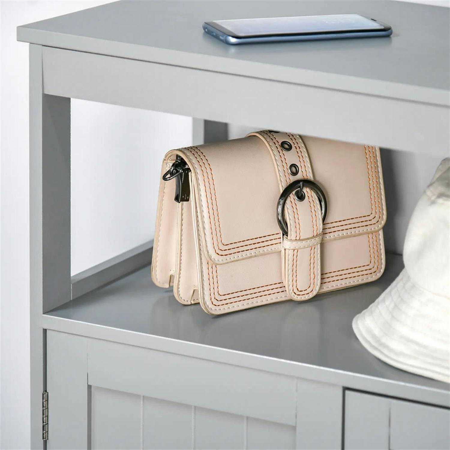 Demi Bonn 32" Bathroom Floor Cabinet, Freestanding Bathroom Storage Cabinet with Double Doors and Open Shelf, for Living room, Entryway, Kitchen, Gray