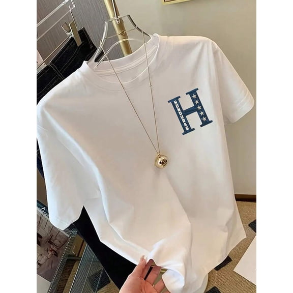 【New Arrival】H Honduras Letter Star Graphic T-Shirt, Minimal Chest Print Crewneck Short Sleeve Tee, Unisex Casual Basic Daily Top