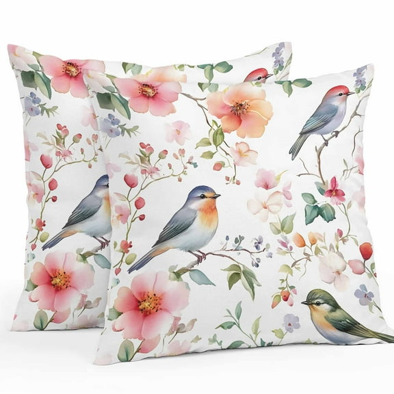 Waterproof Throw Pillow Covers Set of 2, 16x16 Inch Colorful Birds Decorative Pillowcases Outdoor Pillow Slip Cushion Covers Set for Couch Tent Spring Garden Tree Branch Floral