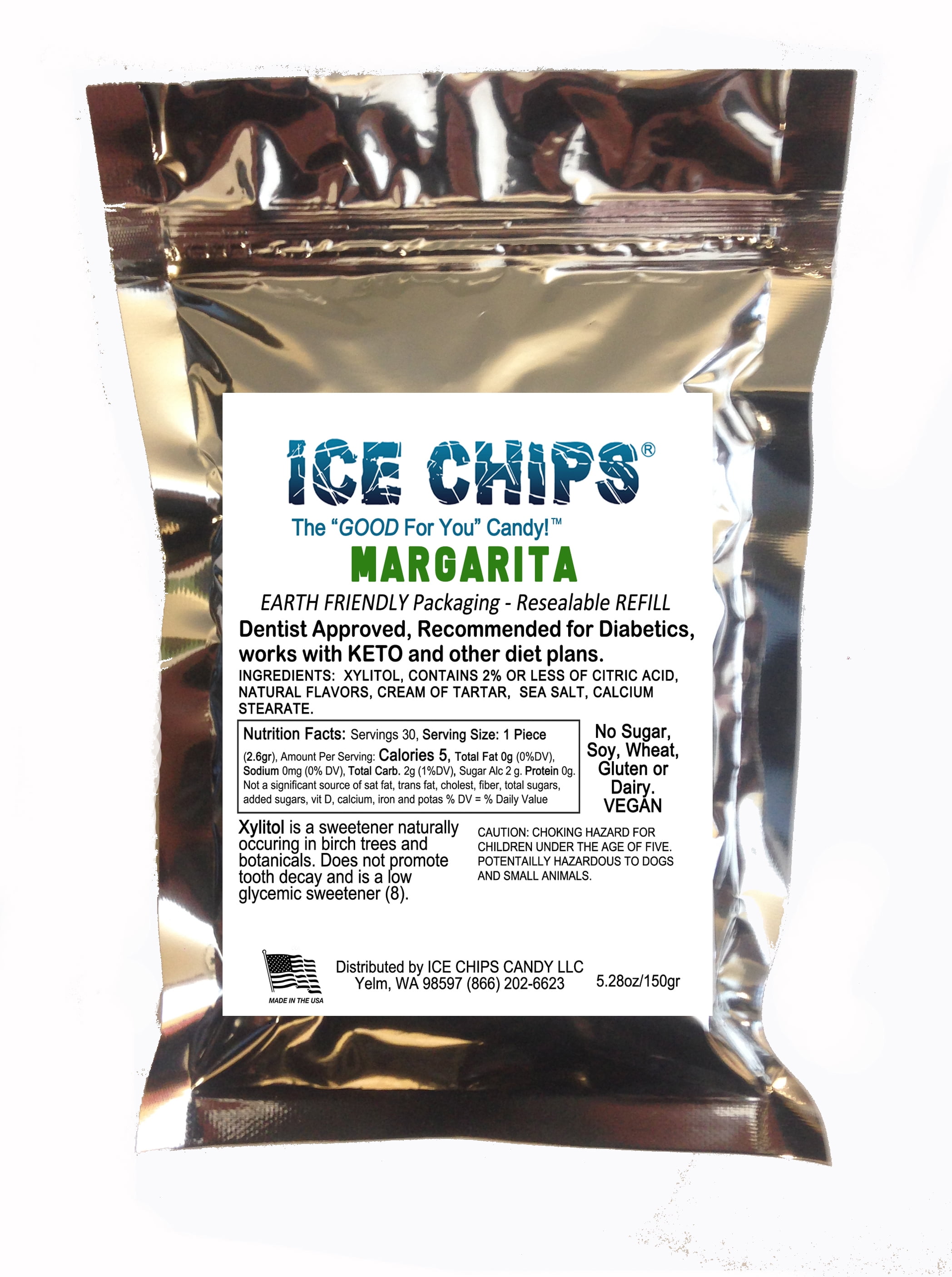 ICE CHIPS Xylitol Candy in Large 5.28 oz Resealable Pouch; Low Carb