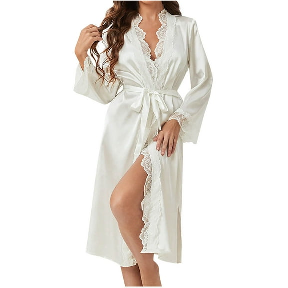 HUJlwoi Satin Nightgown Women Long Sleeve Silk Belted Robe Soft Lace Trim Kimono Sleepshirts Cozy Soomth Long Bathrobe Nightshirt