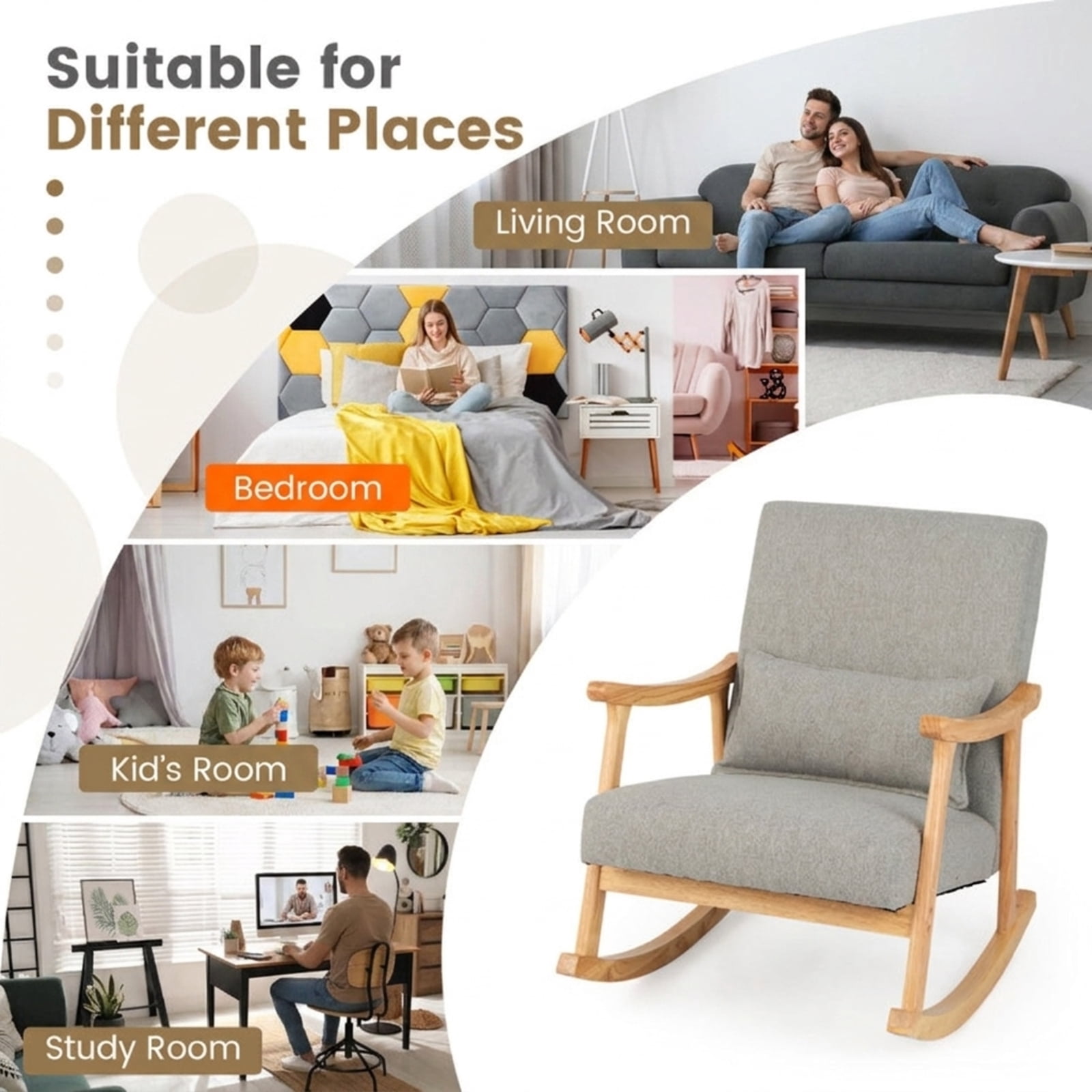Furnibear Upholstered Rocking Chair with Pillow and Rubber Wood Frame for Living Room Nursery Bedroom Porch Reading Lounge Glider, Gray