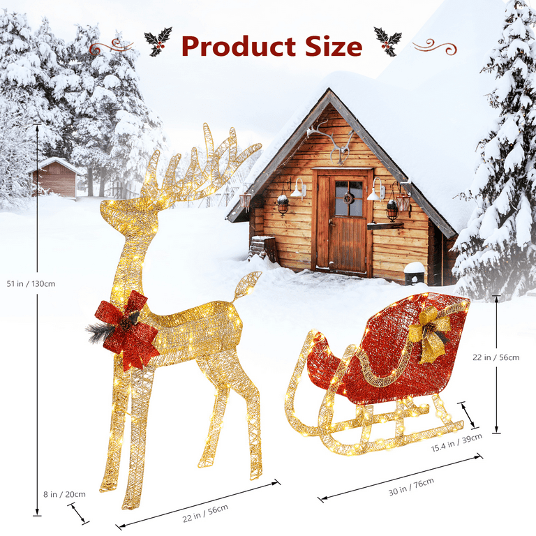 Iridescent Christmas Reindeer and Santa Sleigh Set - Lighted Christmas Yard  Decoration - Perfect for Indoor or Outdoor Lawn Ornaments (4ft w/ 140