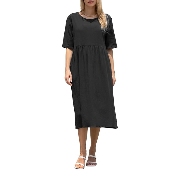 TFFR Women Short Sleeve Crewneck Dress Loose Cotton Beach Flowy Maxi T