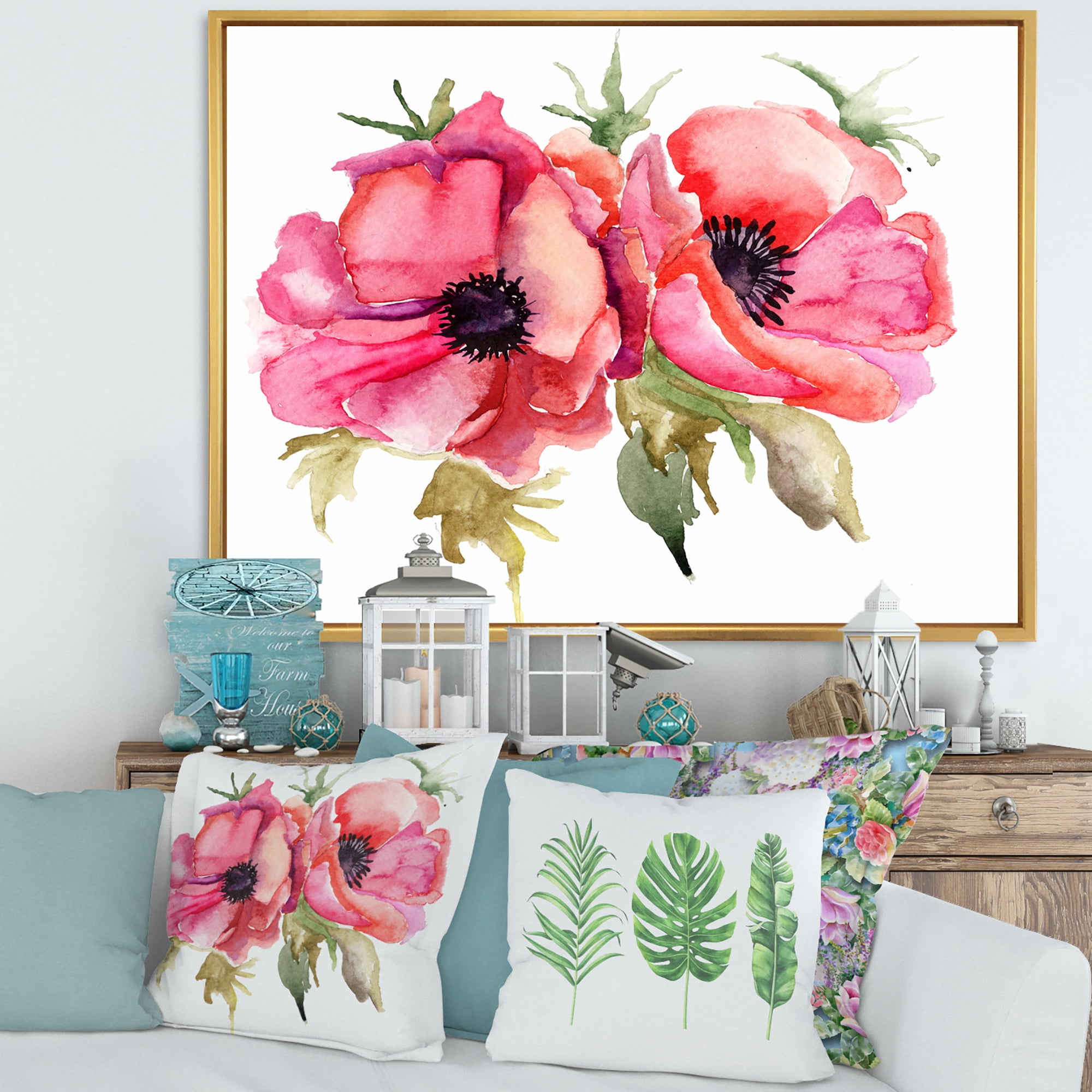 Designart 'Stylized Pink Poppy Flowers' Traditional Framed Canvas Wall Art Print