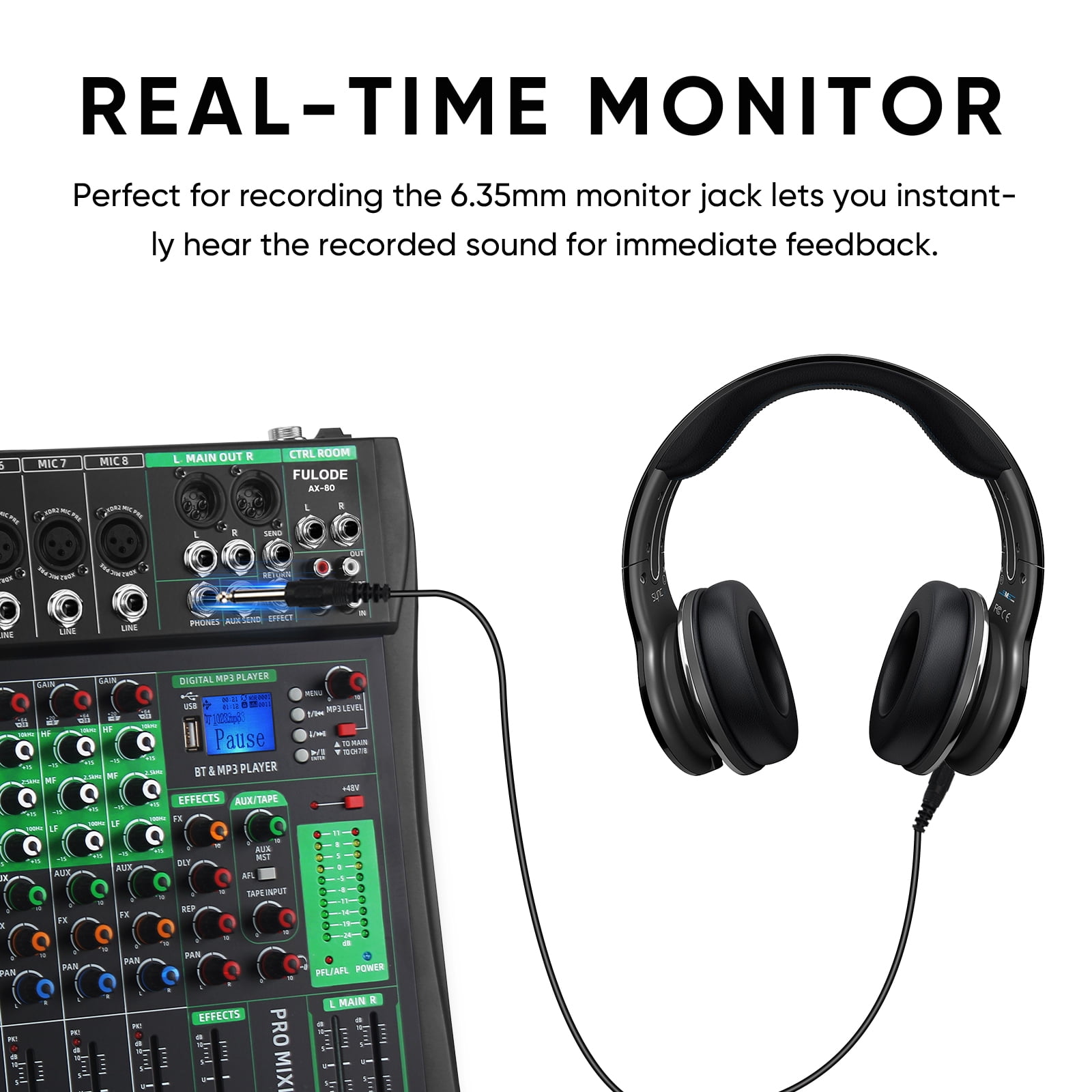 FULODE Audio Mixer 8 Channel Digital Mixer, Professional Bluetooth Sound Board DJ Mixers with 48V Phantom Power, USB Interface Stereo Mixing Console Analog Mixer for Karaoke Podcasting (AX-80)