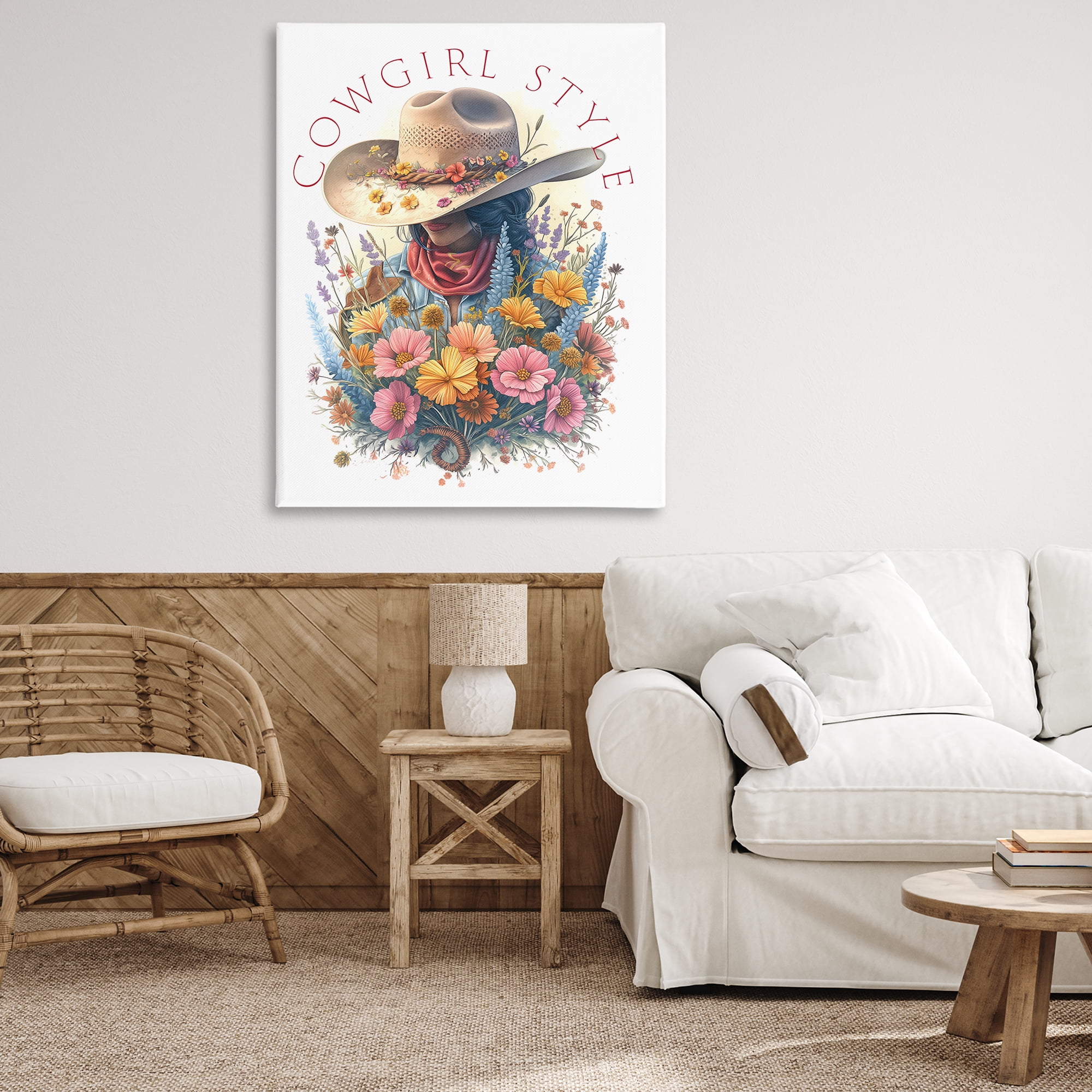 Stupell Industries Cowgirl Style with Florals People Painting Wrapped Canvas Art Print Wall Art, 36 x 48