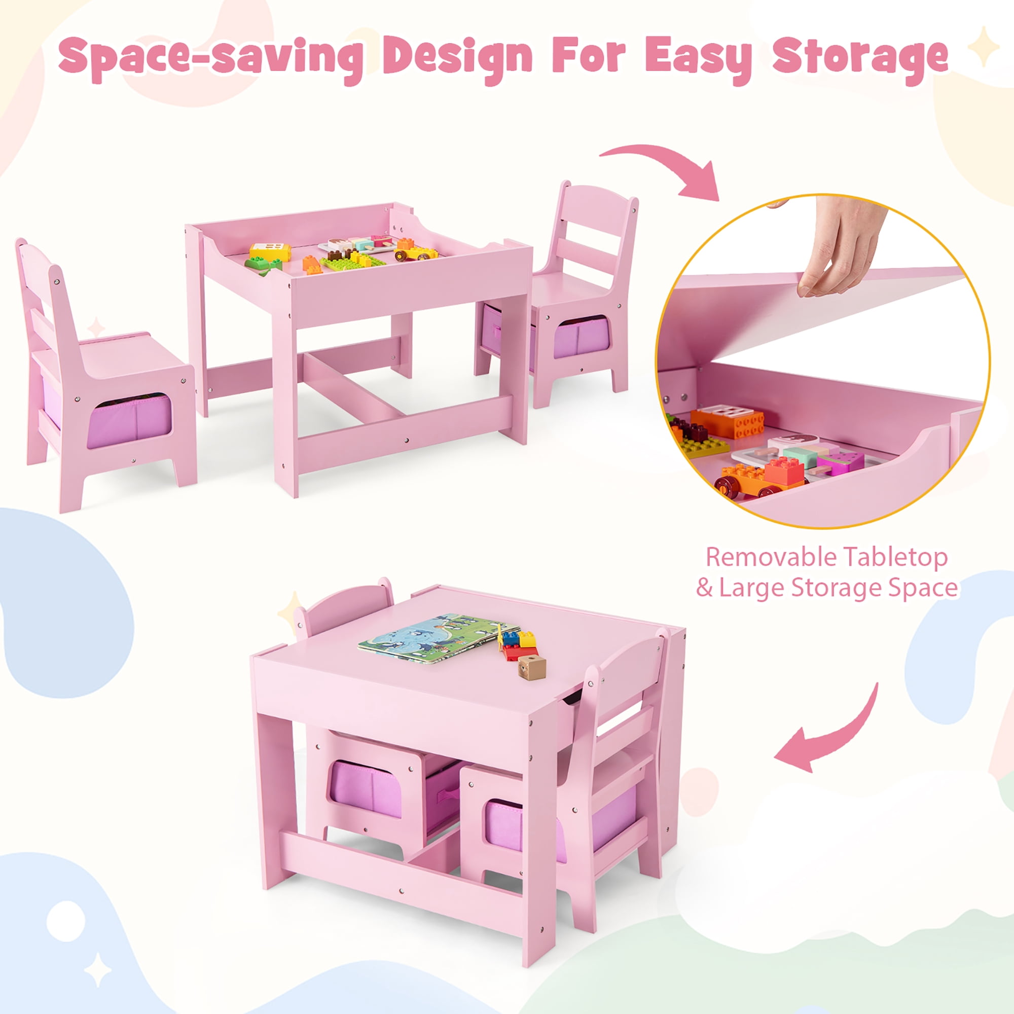 Gymax 3 in 1 Kids Wood Table Chairs Set w/ Storage Box Blackboard Drawing Pink