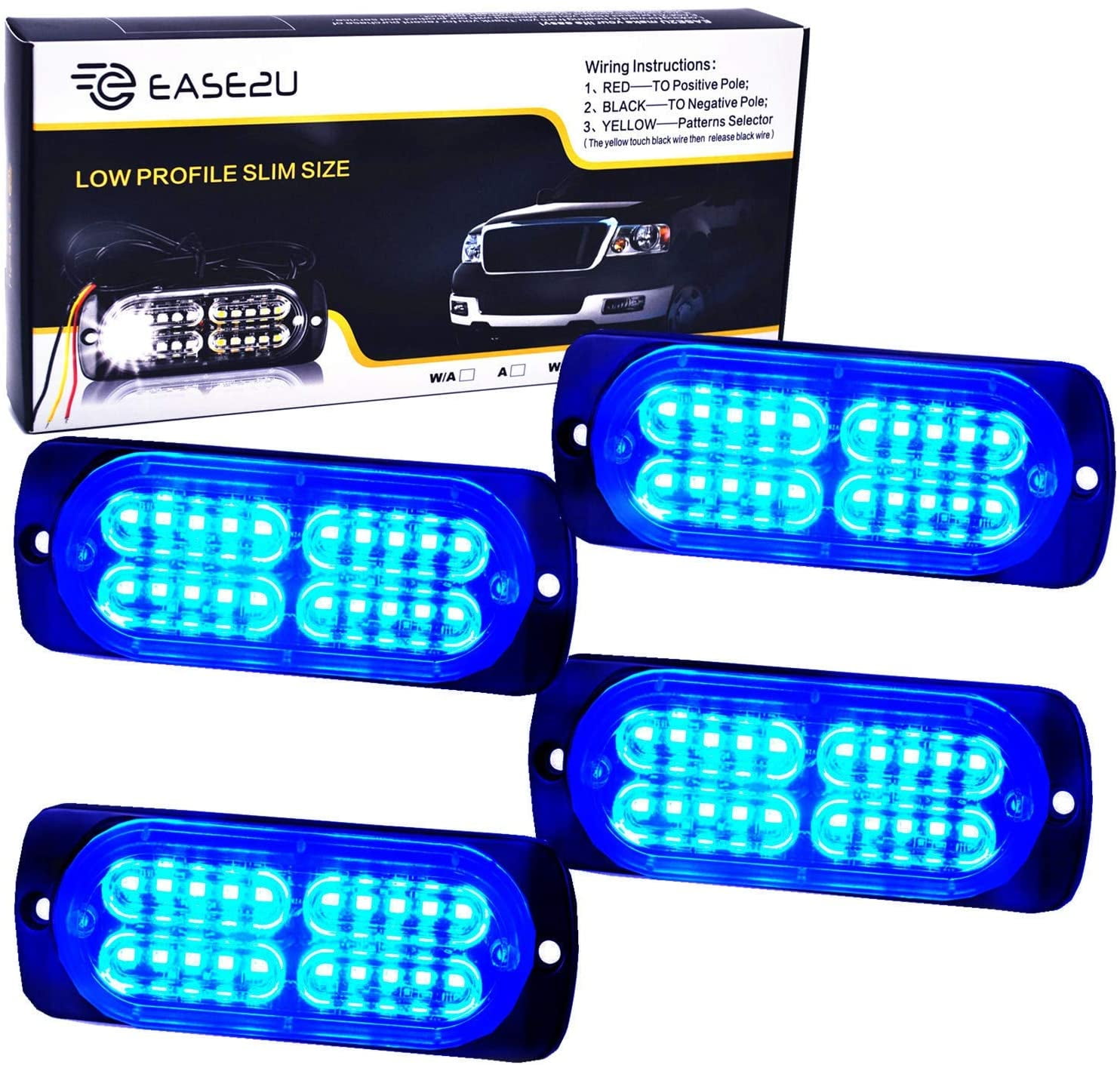12-24V 20-LED Super Bright Emergency Warning Caution Hazard Construction Waterproof Amber Strobe Light Bar with 16 Different Flashing for Car Truck SUV Van 4PCS White Blue 