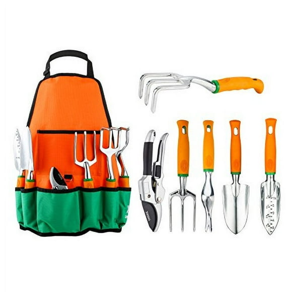 Ukoke UGP01G-7 Outil Extérieur Poignée Ergonomique pour Femmes Hommes Ensemble 7 Pcs Kit en Aluminium Tablier de Jardin en Toile avec Poche de Rangement 7 Pcs Orange