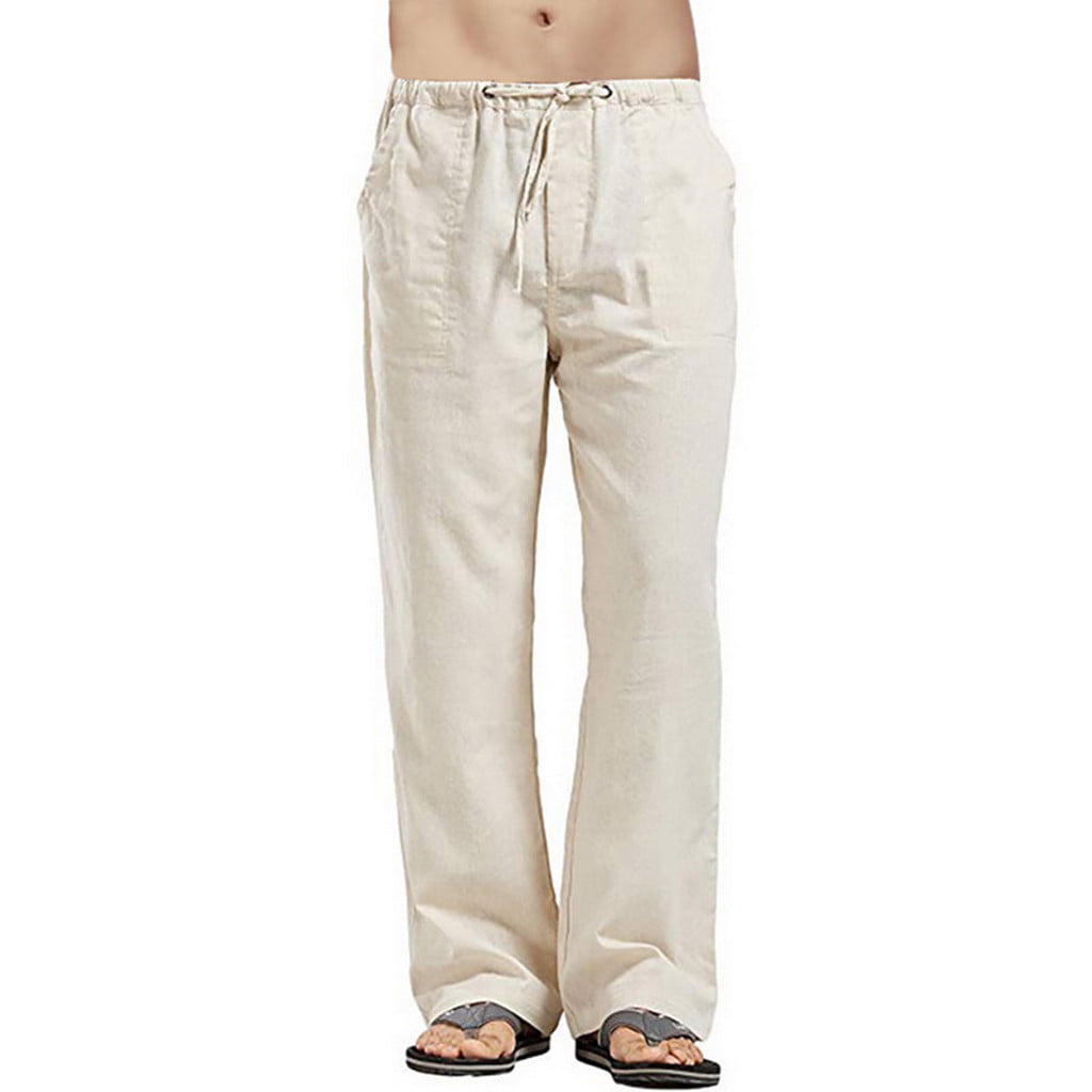 Transer Mens Cotton Linen Beach Short Loose Slim Elastic Waist Drawstring Wrinkle-Resistant Flat-Front Chino Pant