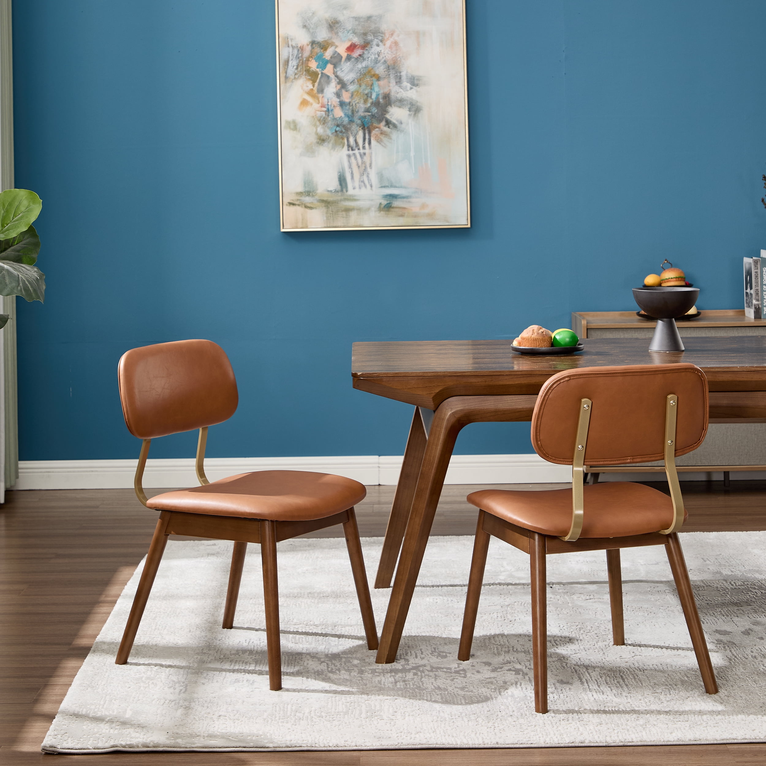 Garitin Dining Chair Set of 2 and Wooden Side Chairs, Vinyl Upholstered Seating with Curved Backrest for Kitchen and Dining Room, Brown