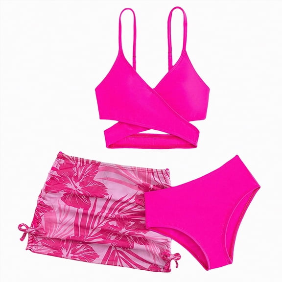 OYXSER Girls Bathing Suit 2 Piece Tankini Bathing Suit Set High Waisted Cute Bikini Swimwearwith Cover Ups Beach Skirt, Hot Pink 8-9Y