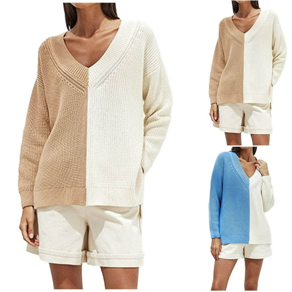 Lovskoo Sweaters for Women Trendy Casual Long Sleeve Casual Color Contrast Patchwork Sweater Blouse Blue