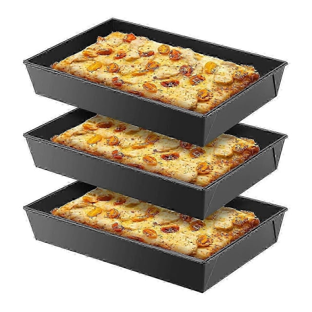 3-Piece Detroit Style Pizza Pan Set - Non-Stick Rectangular Sicilian Pizza Pans for Baking