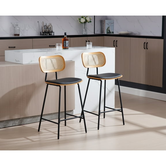 Dayalane Rattan Bar Stools Set of 2, 26 Inch Modern PU Leather Upholstered Counter Stools with Rattan Back, Armless Kitchen Island Chairs for Coffee Shop Bar Kitchen, Black
