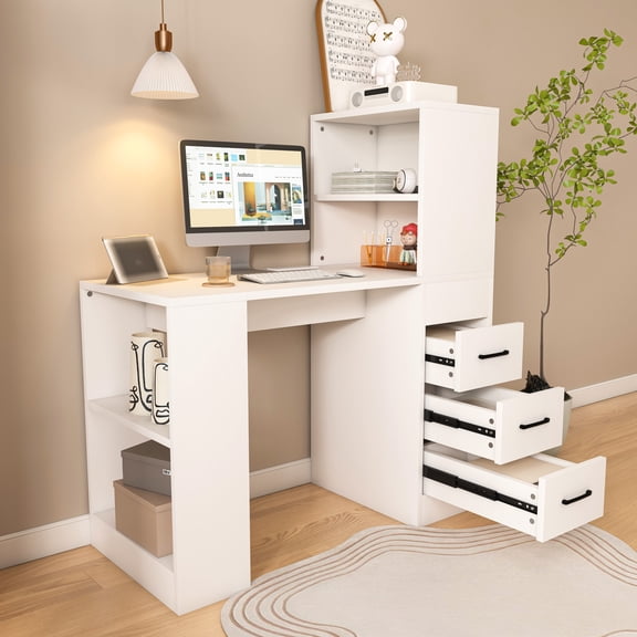 Noble House Computer Desk with Socket, 3 Drawers and 4 Storage Shelves, Modern Wooden Home Office Desk, White