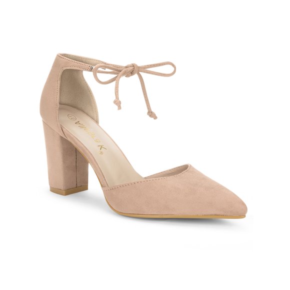 BLISSFUL STEP Women's High Block Heels Pointed Toe Ankle Strap Dress Shoes Nude 7.5