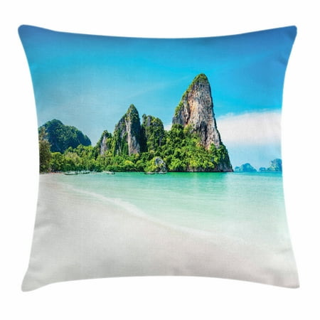 Decorative Greenery Landscape Throw Pillow Cushion Cover, Scenic View of a Beach with Lush Greenery and Limestone Rocks Summer Journey, Decorative Square Accent Pillow Case, 16 X 16 Inches, Multicolor, by Ambesonne ()