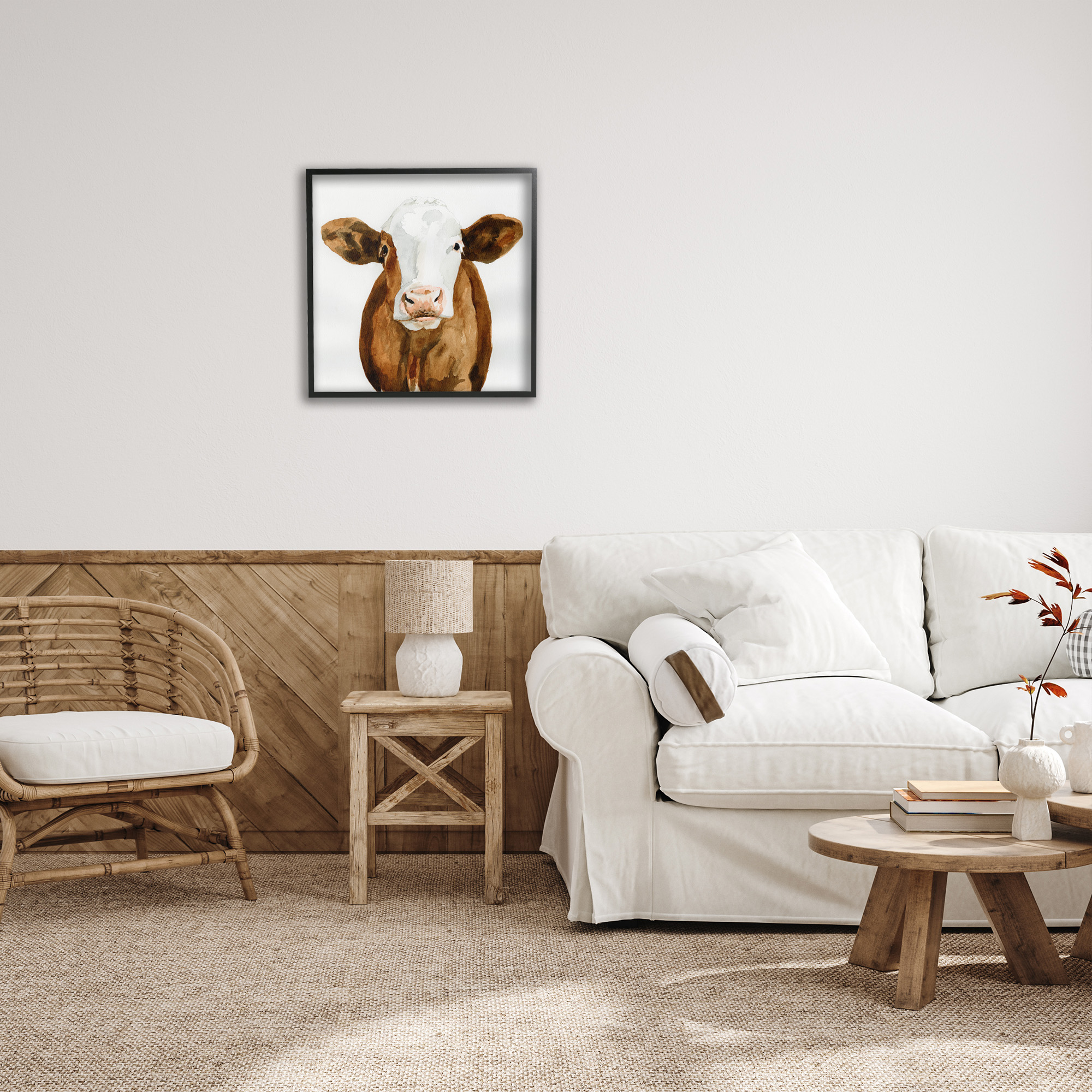 Stupell Industries Country Cow Minimal Portrait Animals & Insects Painting Black Framed Art Print Wall Art, 24 x 24