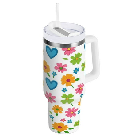

Stainless Steel Tumbler with Straw and Handle Double Wall Insulated Tumblers Colorful Flowers and Blue Heart