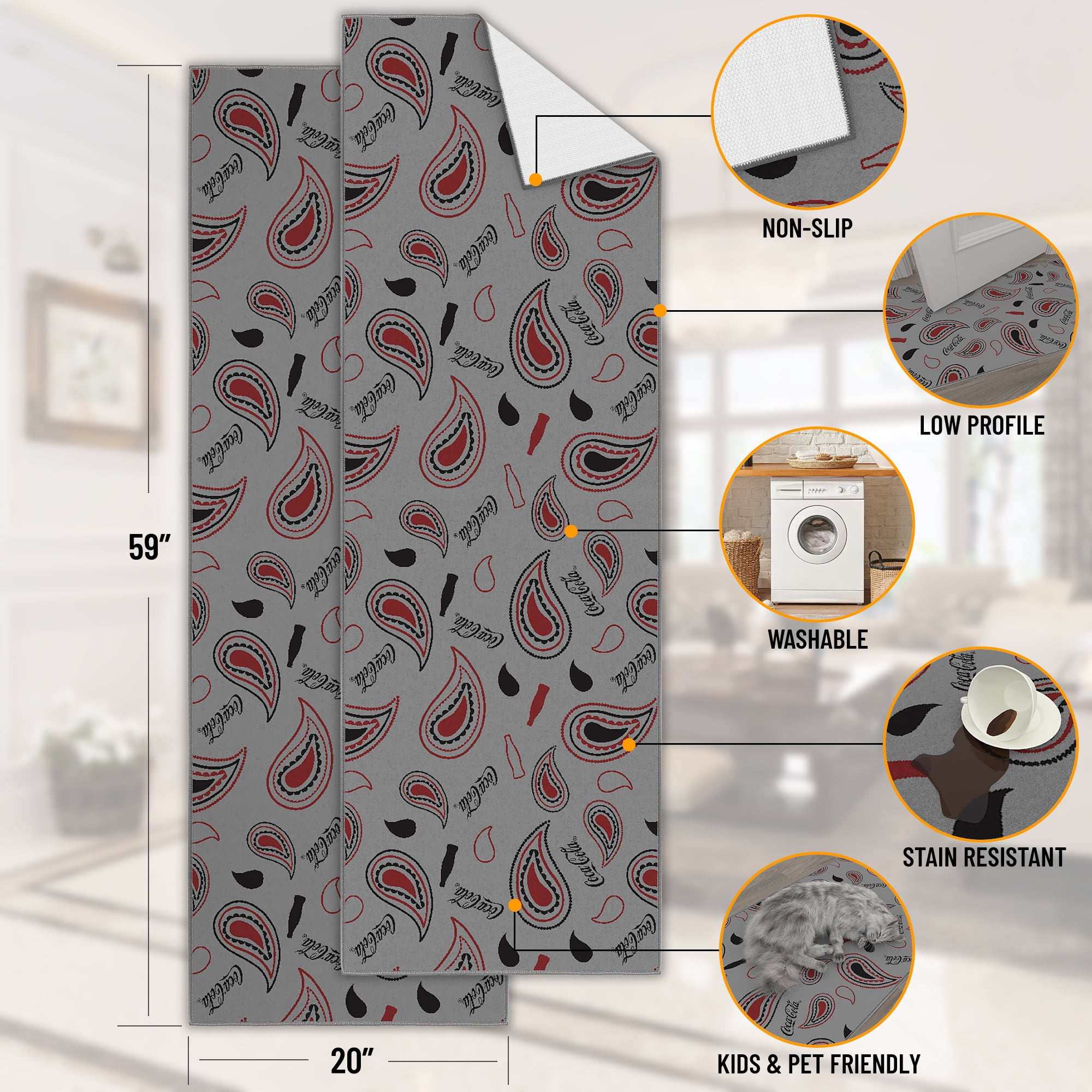 Ottomanson Coca-Cola Paisley Machine Washable Non-Slip Rubberback 2x5 Runner Rug, 20"x 59", Gray/Multi