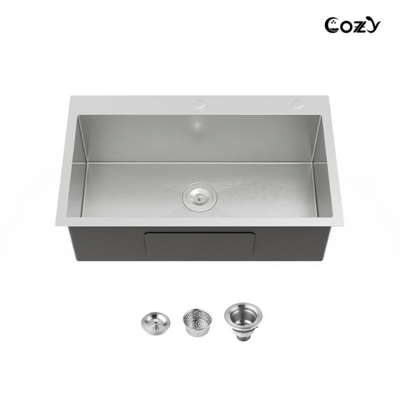 32″x19″ Stainless Steel Kitchen Sink, Single Bowl, Overmount Handmade Sink in Brushed Nickel, with US Standard Drain and Hook, SS-BR02D-321908