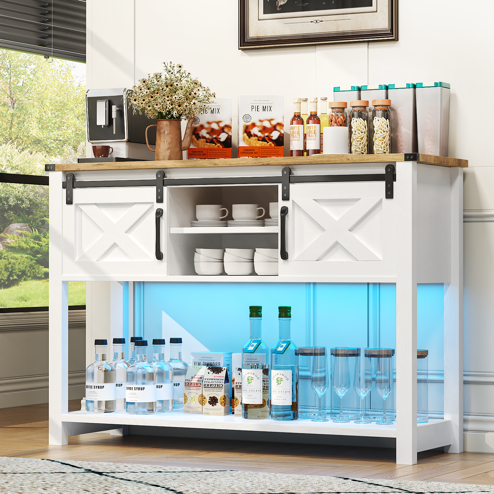 EVOKEDEN Farmhouse Entryway Table w/ LED Light & Sliding Barn Door, Adjustable Open Shelves, Antique White Hallway for Living Room Bedroom