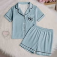 thumbnail image 2 of GobdXE Kids Girls Solid Color Satin Short Sleeve Pajama Set Piping Double Heart Print Notch Collar Button Down Sleep Shorts Loungewear Color:Mint Green,Size:6-7 Years, 2 of 7