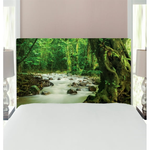 Rainforest Headboard, Tropical Rainforest and Rocky River in Selangor State Malaysia Wildlife, Upholstered Decorative Metal Bed Headboard with Memory Foam, Twin Size, Green Brown, by Ambesonne