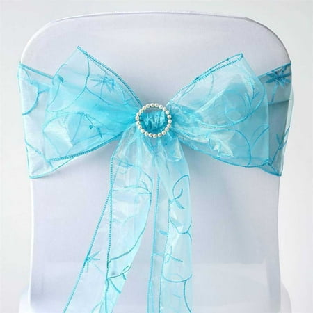 

BalsaCircle 5 Turquoise Fancy Embroidered Sheer Organza Chair Sashes Bows Ties