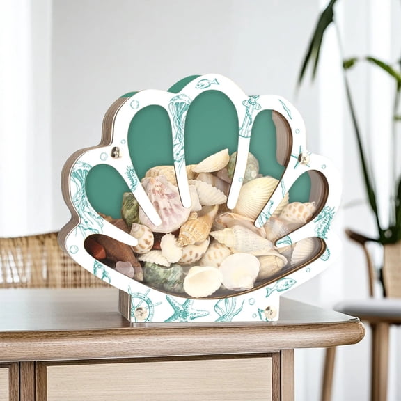 Dserhfy Wooden Shell Display Case Handcrafted Rustic Sea Shell Shadow Box Seashell Shaped Storage Display Box Home Office Desktop Decoration