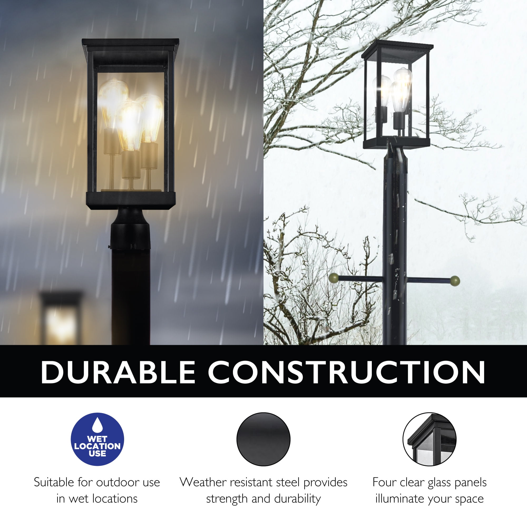 Design House Mayfield Matte Black 3 Light Indoor/Outdoor Weather Resistant Post Lantern Light with Clear Glass