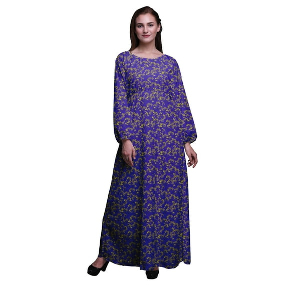 Bimba Moss Georgette Yellow Mustard Leaves Printed Women’s Long Sleeve Maxi Dress Elastic Waist Gown-XSmall
