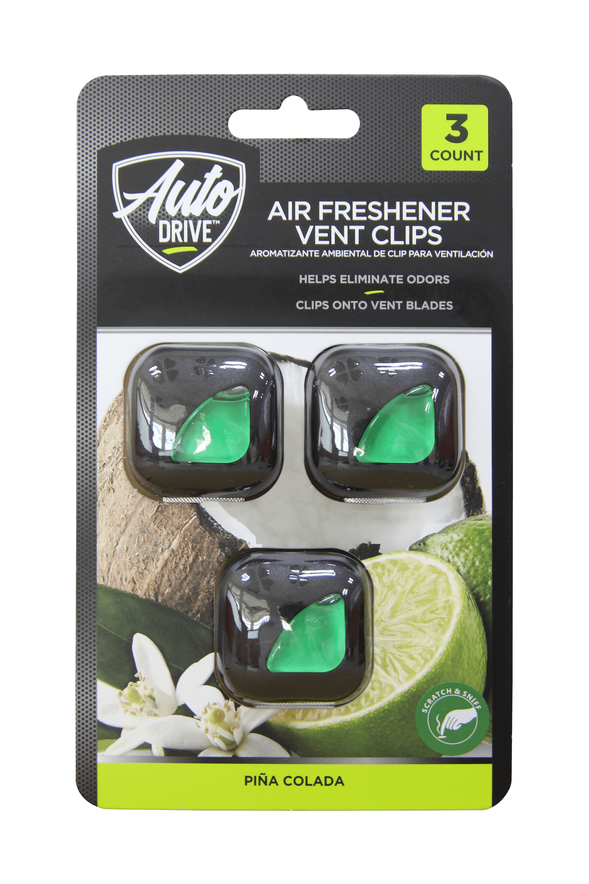 Auto Drive AUTO Air Freshener Vent Clip Pina Colada Scent, Pack of 3
