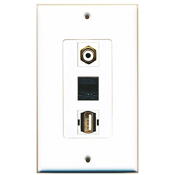 RiteAV - 1 Port RCA White and 1 Port USB A-A and 1 Port Cat5e Ethernet Black Wall Plate Decorative