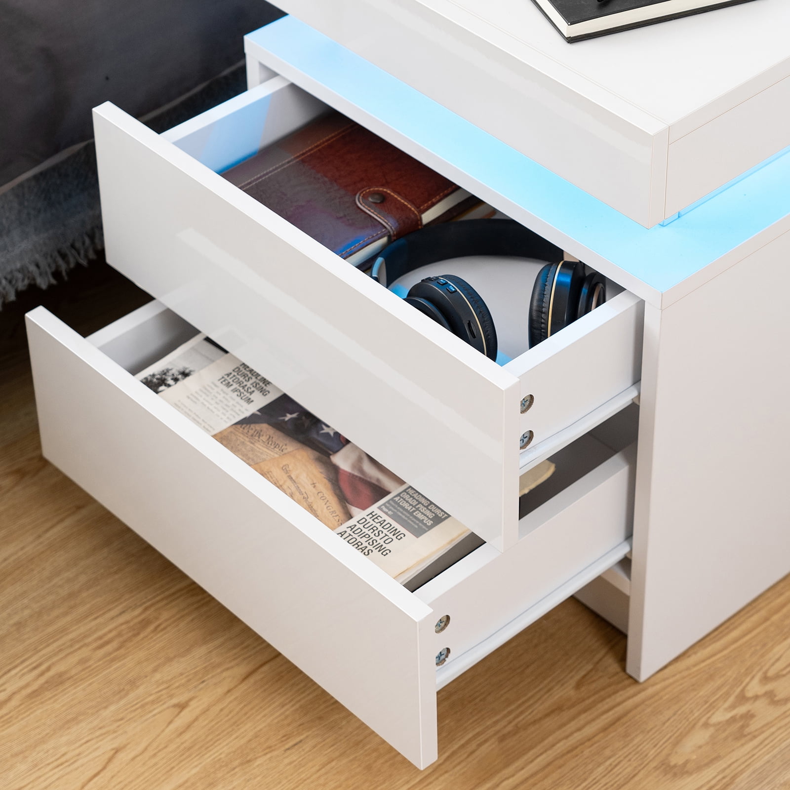 Hommpa 2 Drawer Modern Nightstand with RGB LED Light High Gloss Bedside Tables for Bedroom White